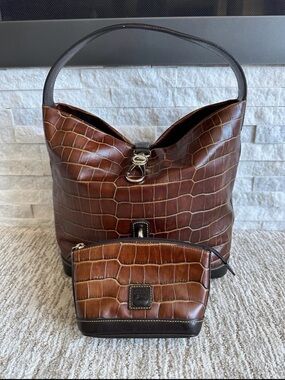 Dooney & Bourke Brown Croc-Embossed Leather Hobo with Matching Pouch